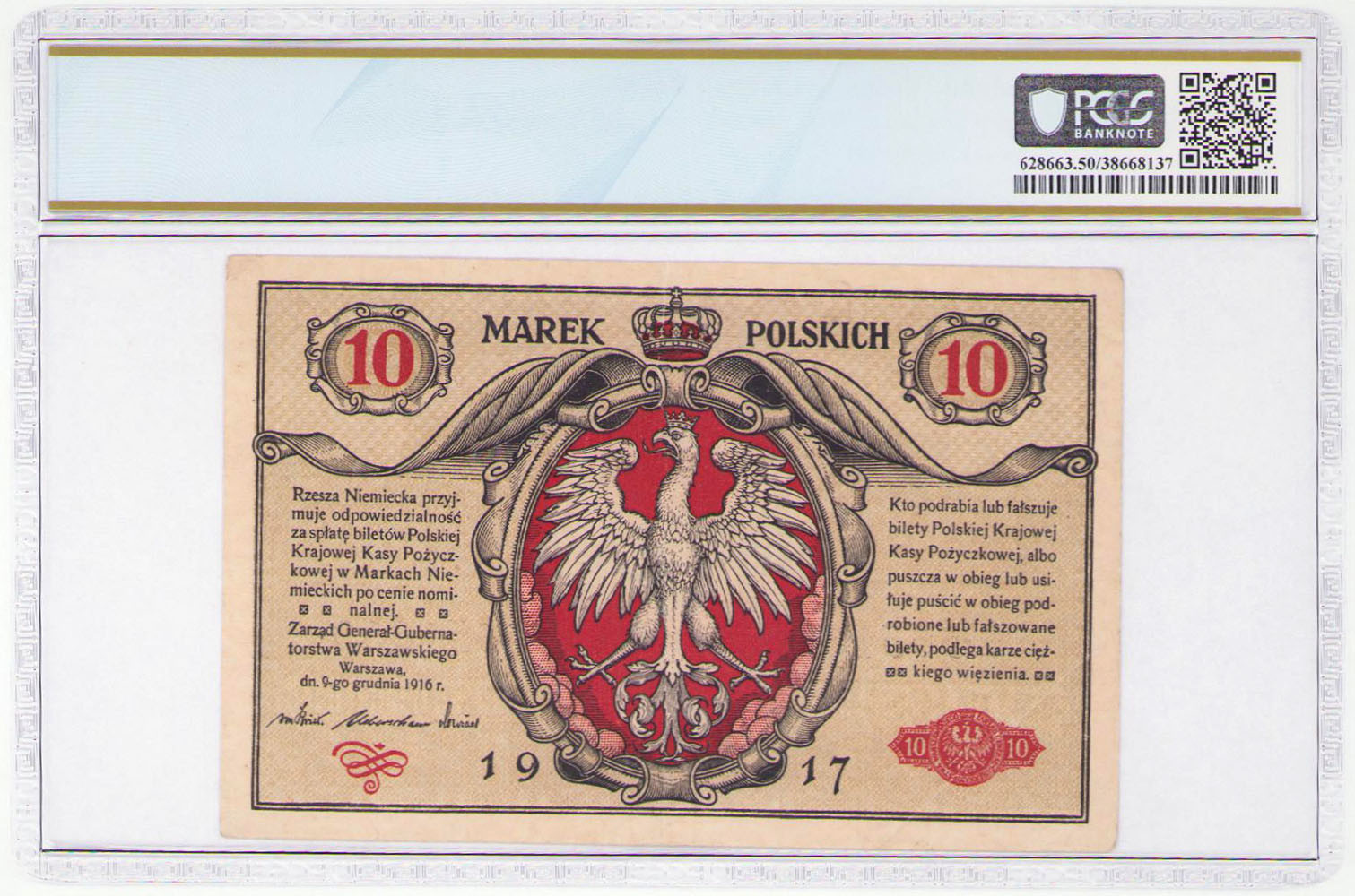 10 marek polskich 1916 seria A - Generał, biletów PCGS 50 - RZADKI
